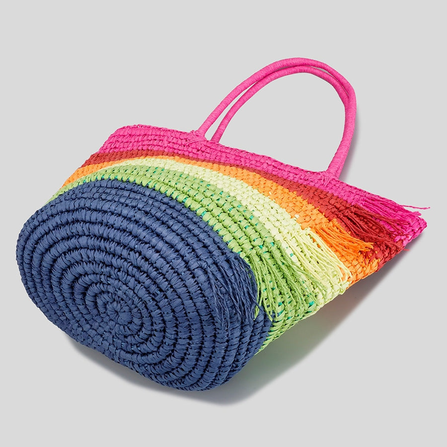 Rainbow Striped Multi-Coloured Raffia Tote Bag