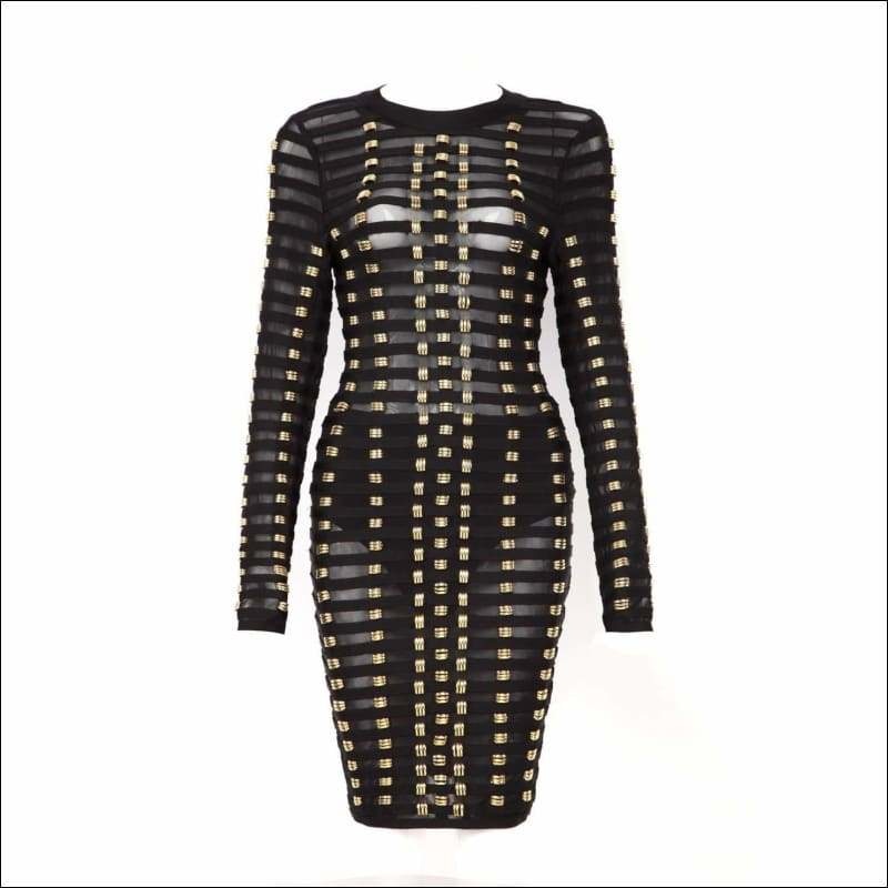 Winnal Black Long Sleeve Transparent Bandage Bodycon Dress With Studs Detailing
