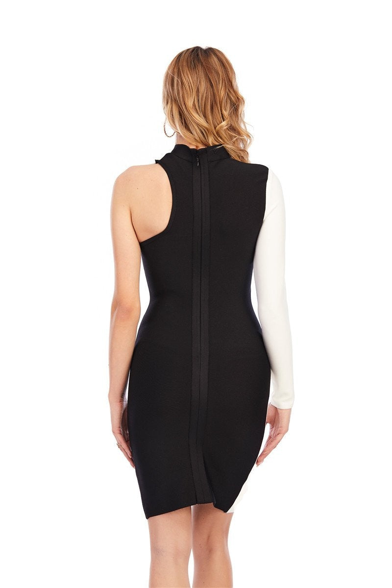 Winnal Black & White Mock Neck One Shoulder Bodycon Bandage Midi Dress