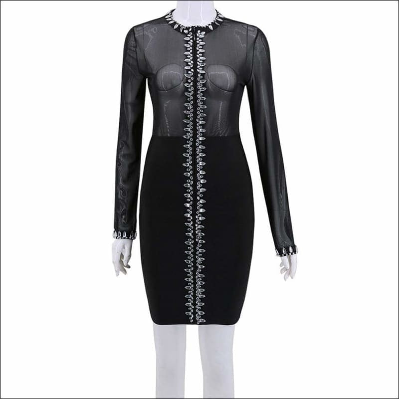 Winnal Long Sleeve Mesh Insert Bandage Dress With Crystal Trimming