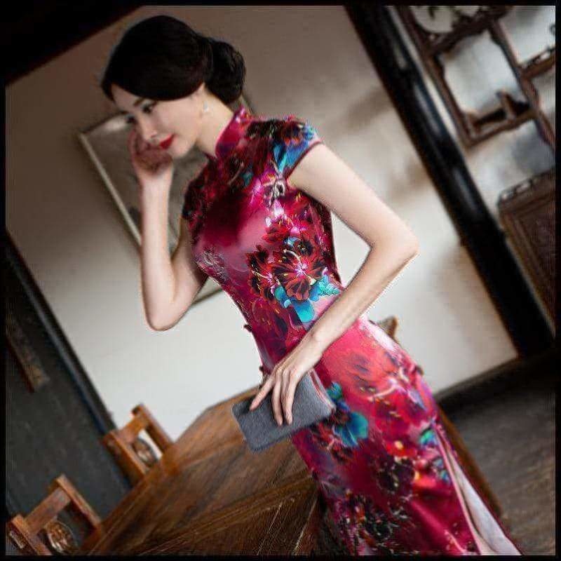 Winnal Real Silk Ankle-Length Cheongsam Midi Dress Bodycon Chinese Qipao