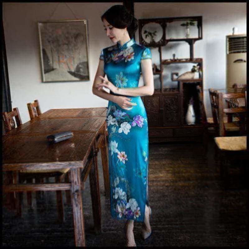 Winnal Real Silk Ankle-Length Cheongsam Midi Dress Bodycon Chinese Qipao