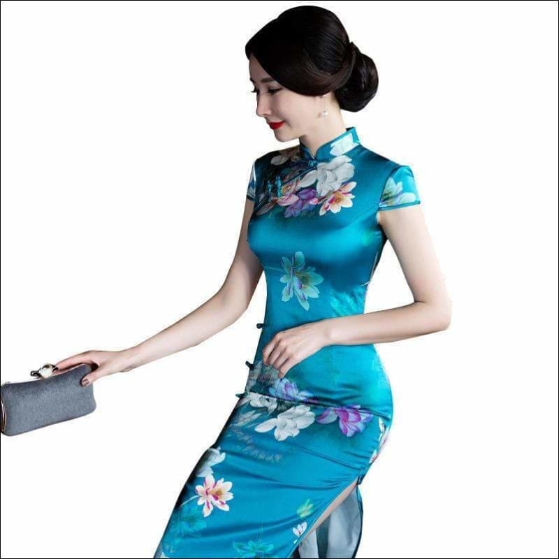 Winnal Real Silk Ankle-Length Cheongsam Midi Dress Bodycon Chinese Qipao