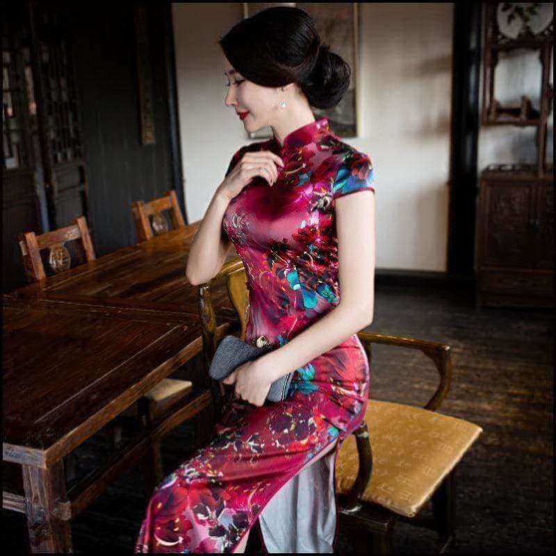 Winnal Real Silk Ankle-Length Cheongsam Midi Dress Bodycon Chinese Qipao