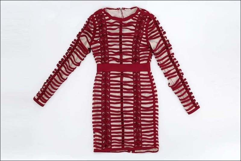 Winnal Sexy Bodycon Dress Night Party Club Long Sleeve Women Summer Red Woven Cage Mesh Bandage Rayon