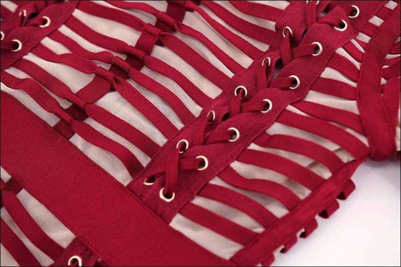 Winnal Sexy Bodycon Dress Night Party Club Long Sleeve Women Summer Red Woven Cage Mesh Bandage Rayon