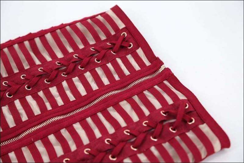 Winnal Sexy Bodycon Dress Night Party Club Long Sleeve Women Summer Red Woven Cage Mesh Bandage Rayon