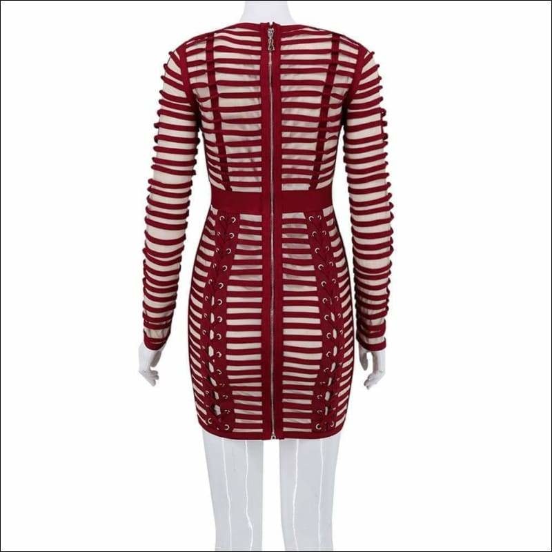 Winnal Sexy Bodycon Dress Night Party Club Long Sleeve Women Summer Red Woven Cage Mesh Bandage Rayon