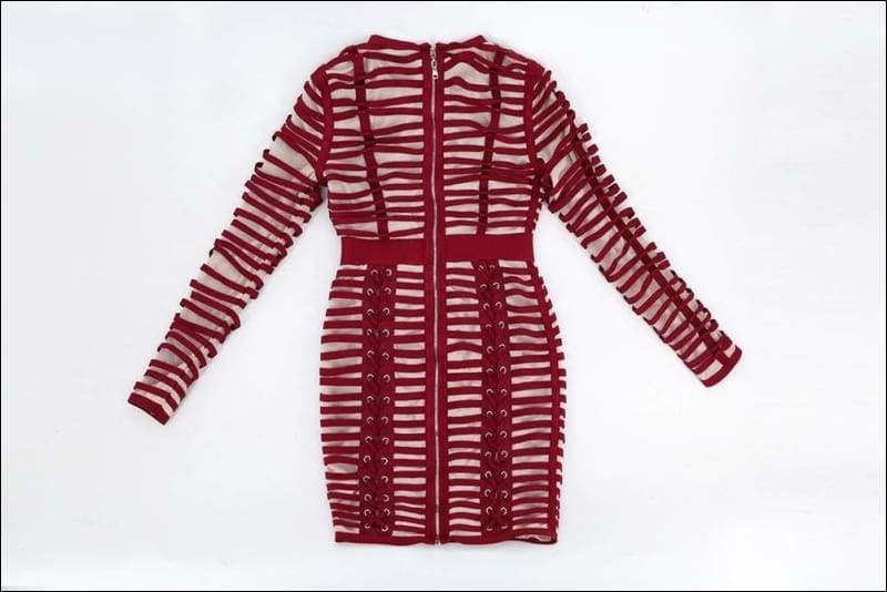 Winnal Sexy Bodycon Dress Night Party Club Long Sleeve Women Summer Red Woven Cage Mesh Bandage Rayon