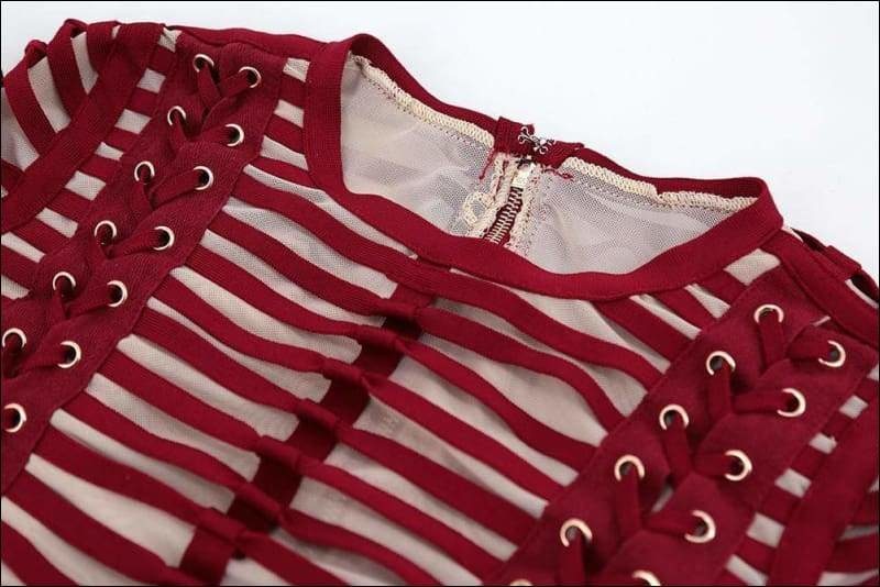 Winnal Sexy Bodycon Dress Night Party Club Long Sleeve Women Summer Red Woven Cage Mesh Bandage Rayon