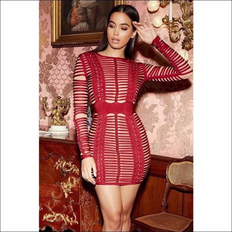 Winnal Sexy Bodycon Dress Night Party Club Long Sleeve Women Summer Red Woven Cage Mesh Bandage Rayon