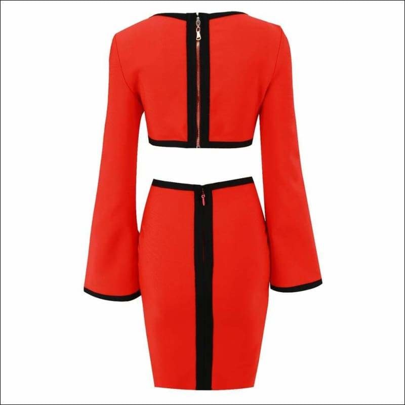 Winnal Sexy Plunge V-Neck Crisscross Cutout Front Long Sleeve Two tone Midi Bodycon Dress