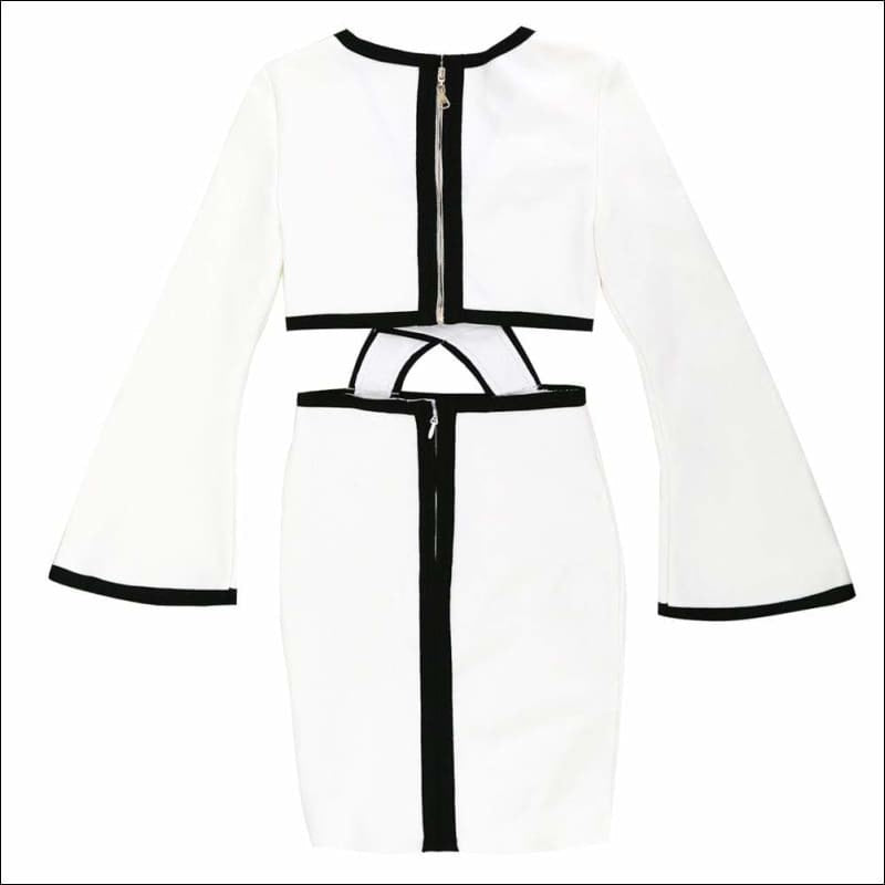 Winnal Sexy Plunge V-Neck Crisscross Cutout Front Long Sleeve Two tone Midi Bodycon Dress