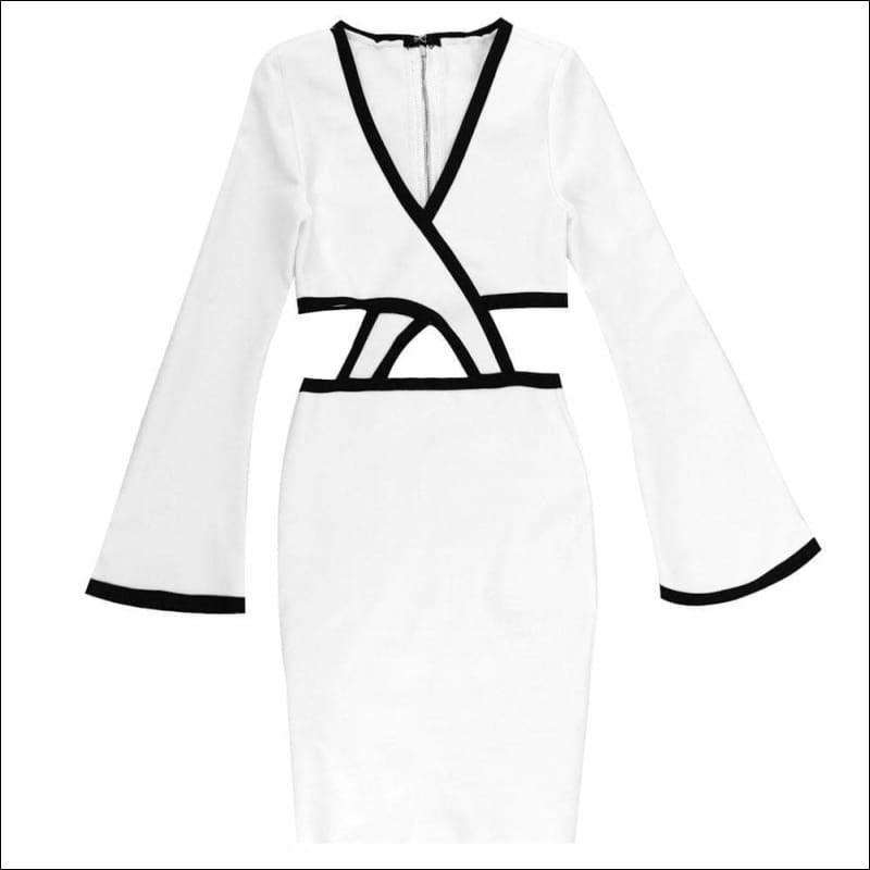 Winnal Sexy Plunge V-Neck Crisscross Cutout Front Long Sleeve Two tone Midi Bodycon Dress