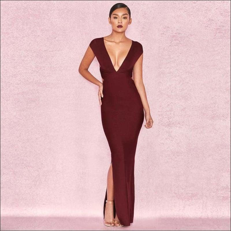 Winnal Sleevelee V-Neck Backless Long Bodycon Dress With Side Open