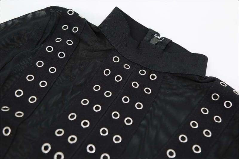 Winnal Transarent Long Sleeve Studded Party Bandage Dress With Mesh Top