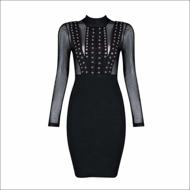 Winnal Transarent Long Sleeve Studded Party Bandage Dress With Mesh Top