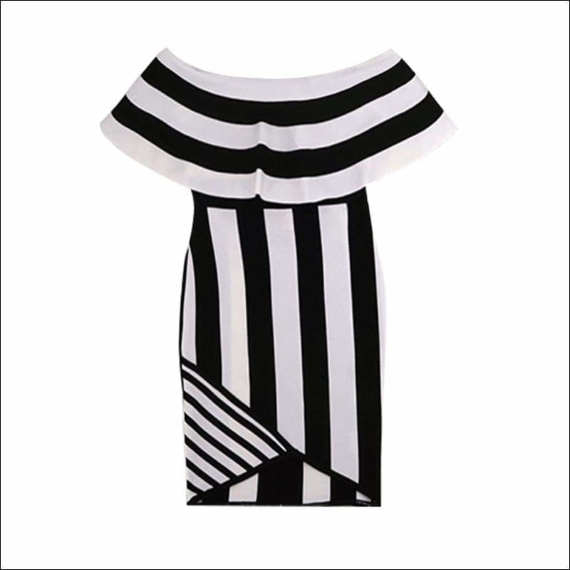 Winnal Women Black And White Stripe Off Shoulder Ruffles Bodycon Midi Dress
