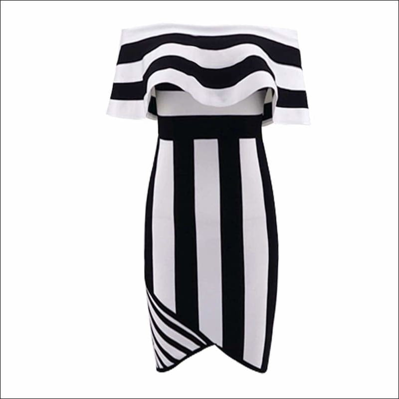 Winnal Women Black And White Stripe Off Shoulder Ruffles Bodycon Midi Dress