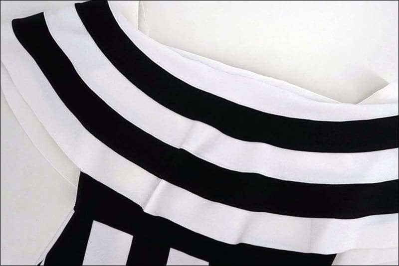 Winnal Women Black And White Stripe Off Shoulder Ruffles Bodycon Midi Dress