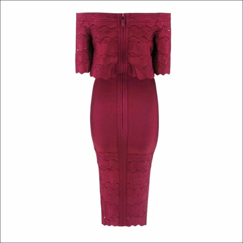 Winnal Women Off Shoulder Ruffles Ruched Details Hollow Cut Out Bodycon Midi Bandage Dress