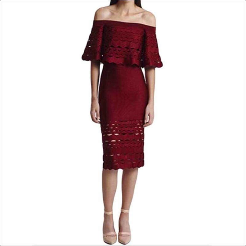 Winnal Women Off Shoulder Ruffles Ruched Details Hollow Cut Out Bodycon Midi Bandage Dress