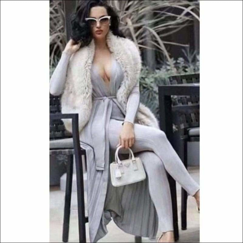 Winnal Women’s 2-Piece Sets Long Sleeve V Neck Party Bodycon Dress With Belt