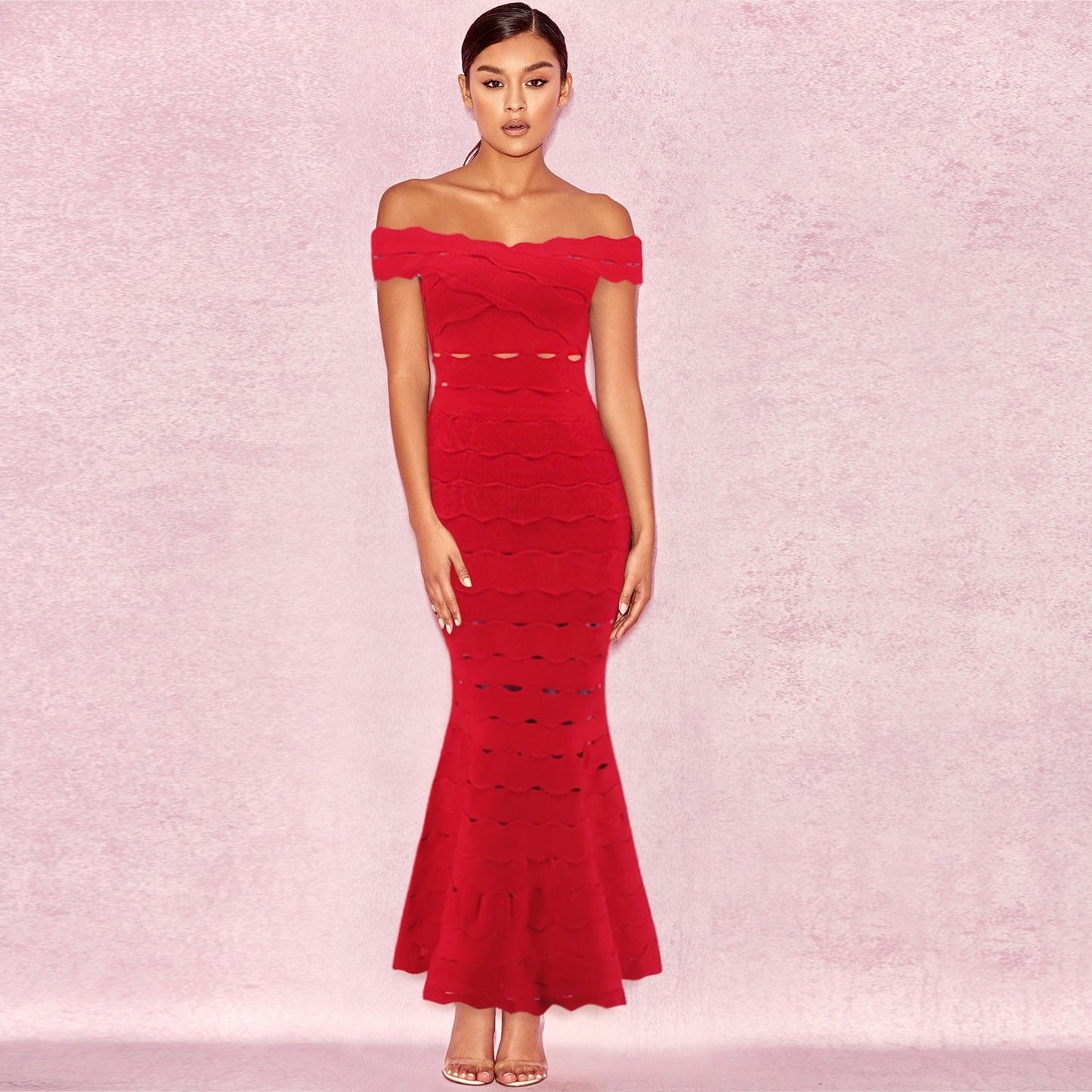 Winnal Womens Bandage Off Shoulder Wave Hollow Cut Out Sleeveless Bodycone Dress
