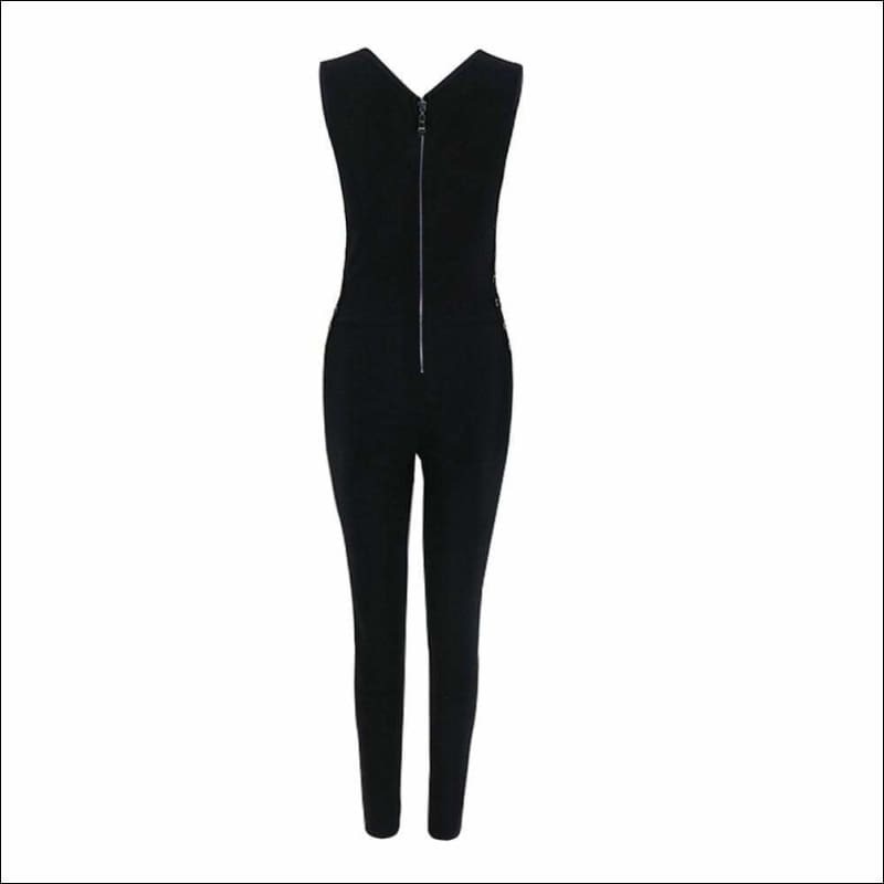 Winnal Women’s Black Sleeveless Deep V Neck Cut Out Sides Loop Jumpsuit Rompers Casual Playsuit