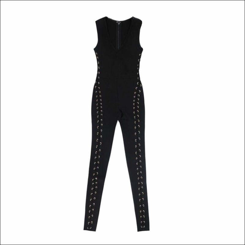 Winnal Women’s Black Sleeveless Deep V Neck Cut Out Sides Loop Jumpsuit Rompers Casual Playsuit