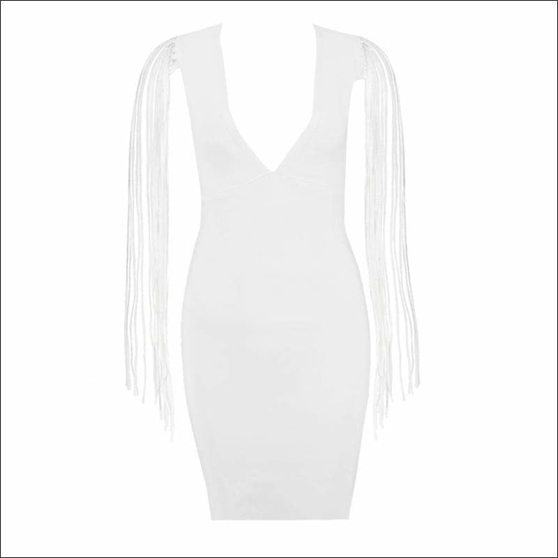 Winnal Women’s Deep V Plunge Long Fringe Sleeve White Bodycon Bandage Dress