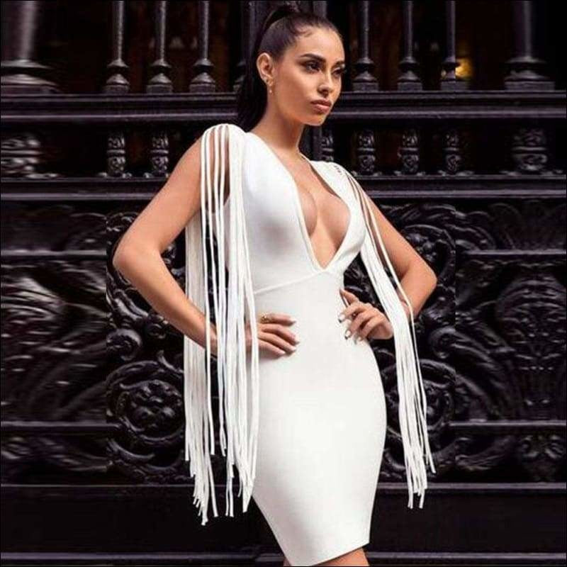 Winnal Women’s Deep V Plunge Long Fringe Sleeve White Bodycon Bandage Dress