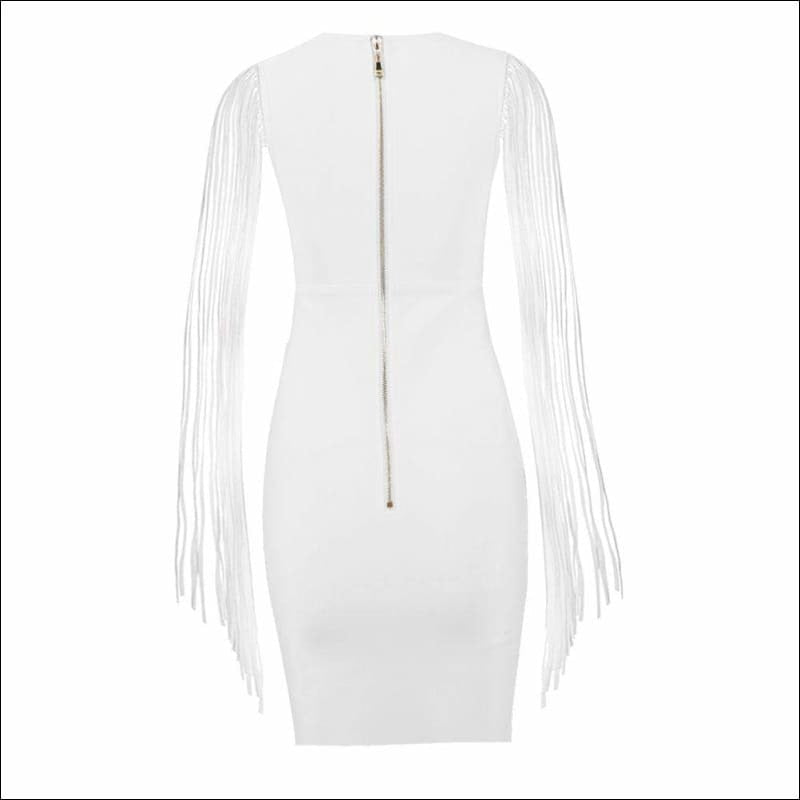 Winnal Women’s Deep V Plunge Long Fringe Sleeve White Bodycon Bandage Dress