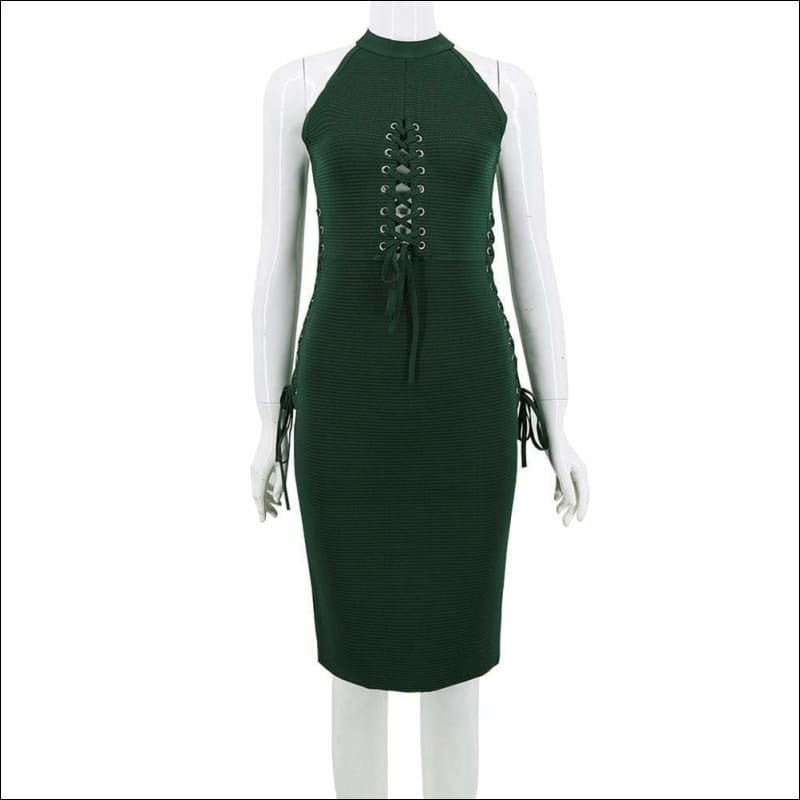 Winnal Women’s Hanging Neck Hollow Out Cross Halter Lace Up Detail Midi Bandage Sexy Party Dresses Green