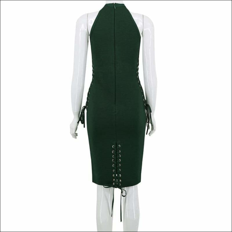 Winnal Women’s Hanging Neck Hollow Out Cross Halter Lace Up Detail Midi Bandage Sexy Party Dresses Green