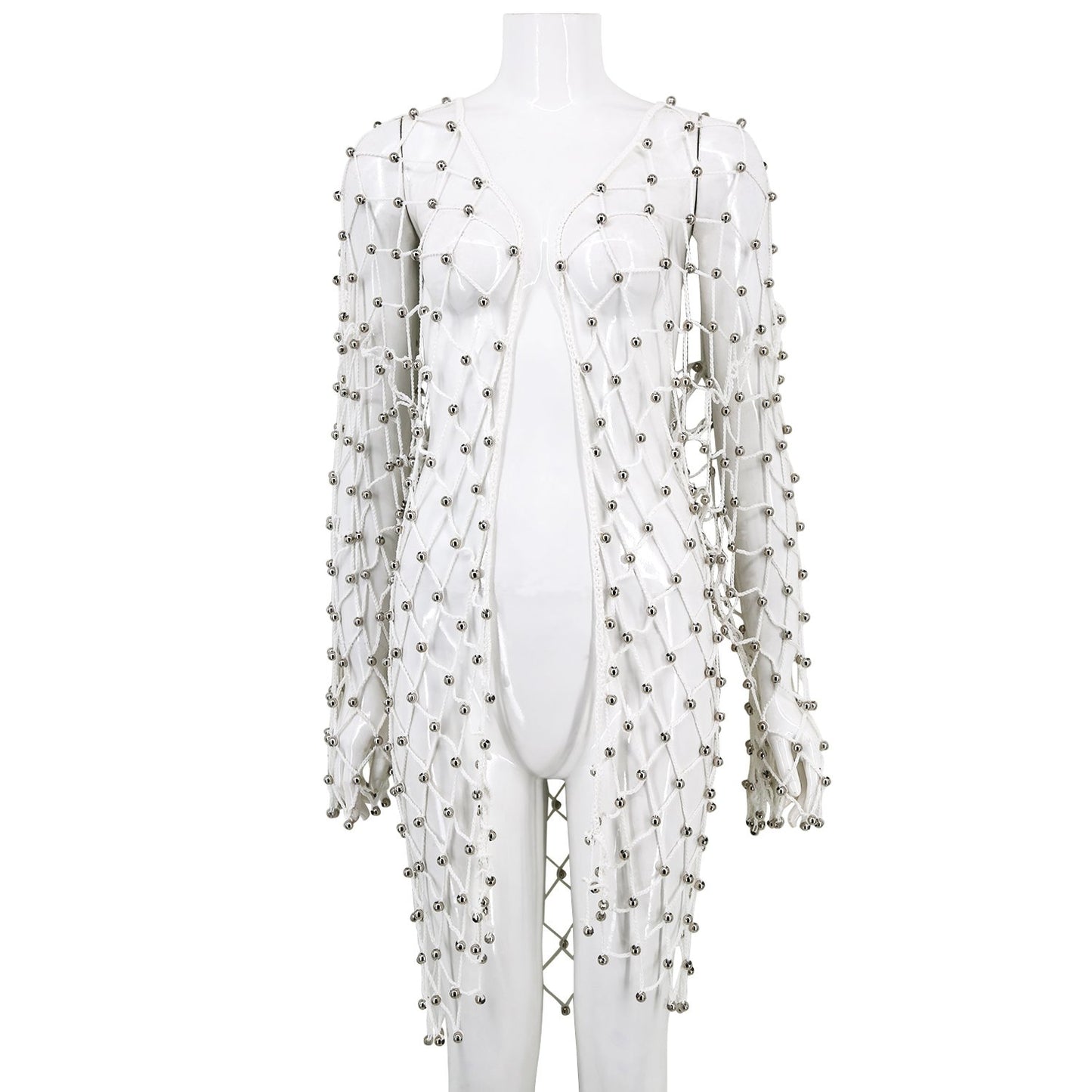 Winnal Women’s Sexy Beaded Cover Up Jacket Knitted Grid Long Coat