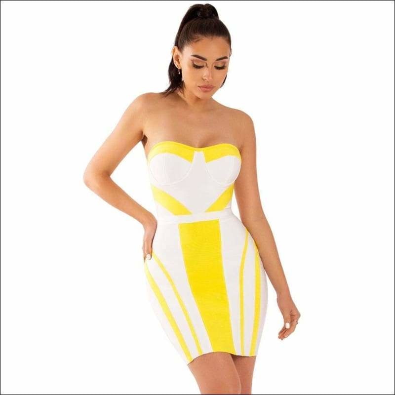 Winnal Women’s Strapless Bustier White and Yellow Bandage Dress