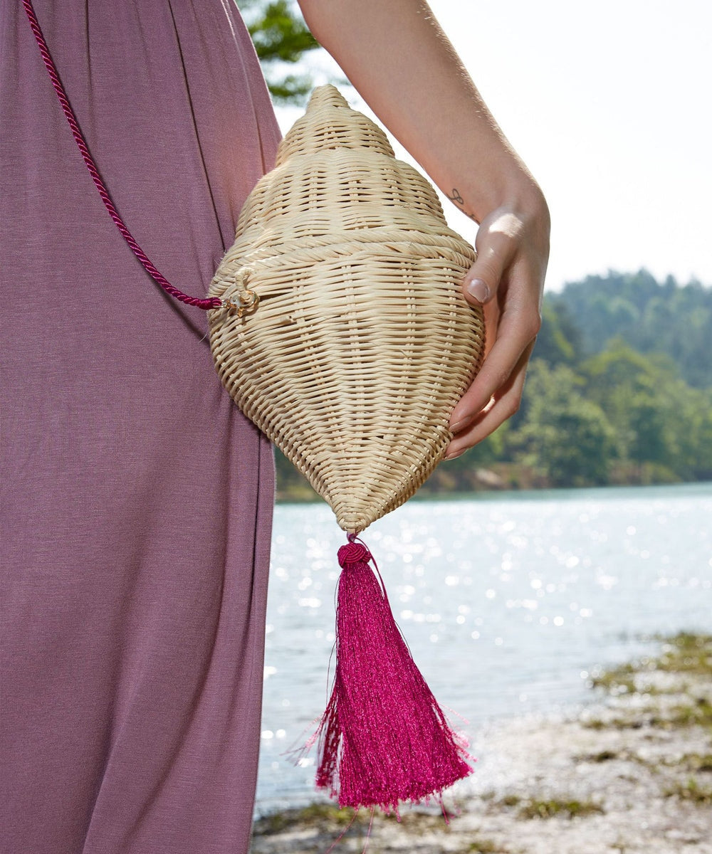 Womens Conch Ratten Straw Raffia Cross Body Bag
