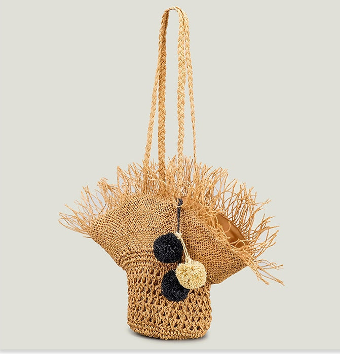 Womens Raffia Shoulder Bag Woven Straw Beach Handbag
