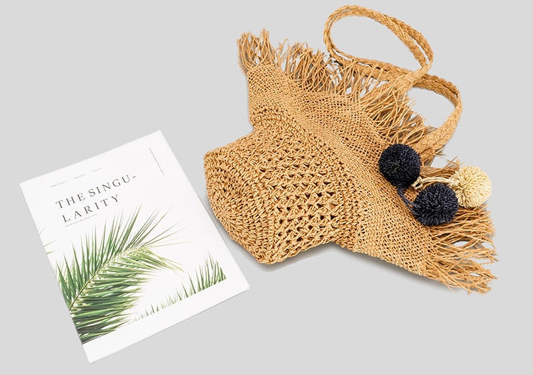 Womens Raffia Shoulder Bag Woven Straw Beach Handbag