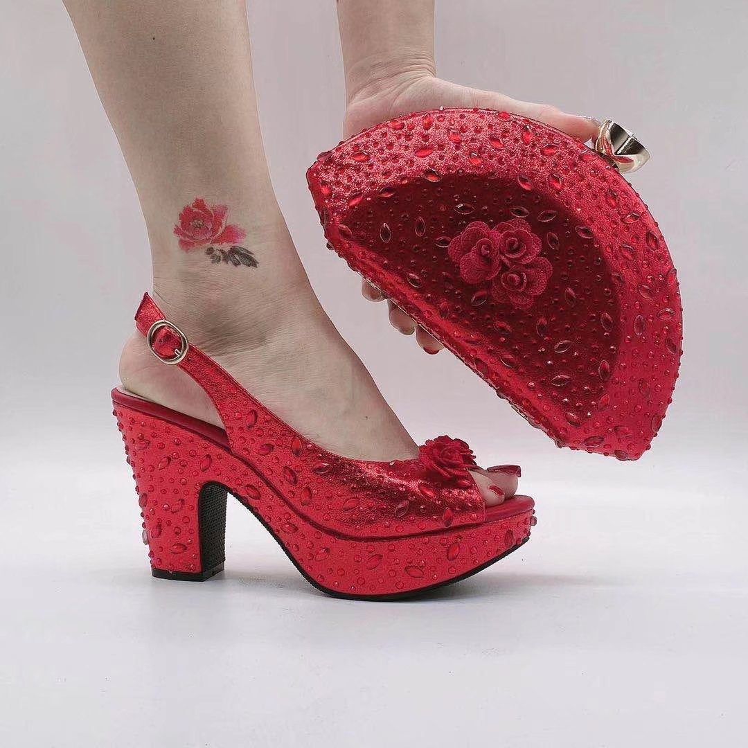 Fan-Shaped Clutch Bag Thick-Soled High Heels Shoes Set,Rhinestones Women,Beautiful Party Shoe Rhinestone Women’s WL 21403