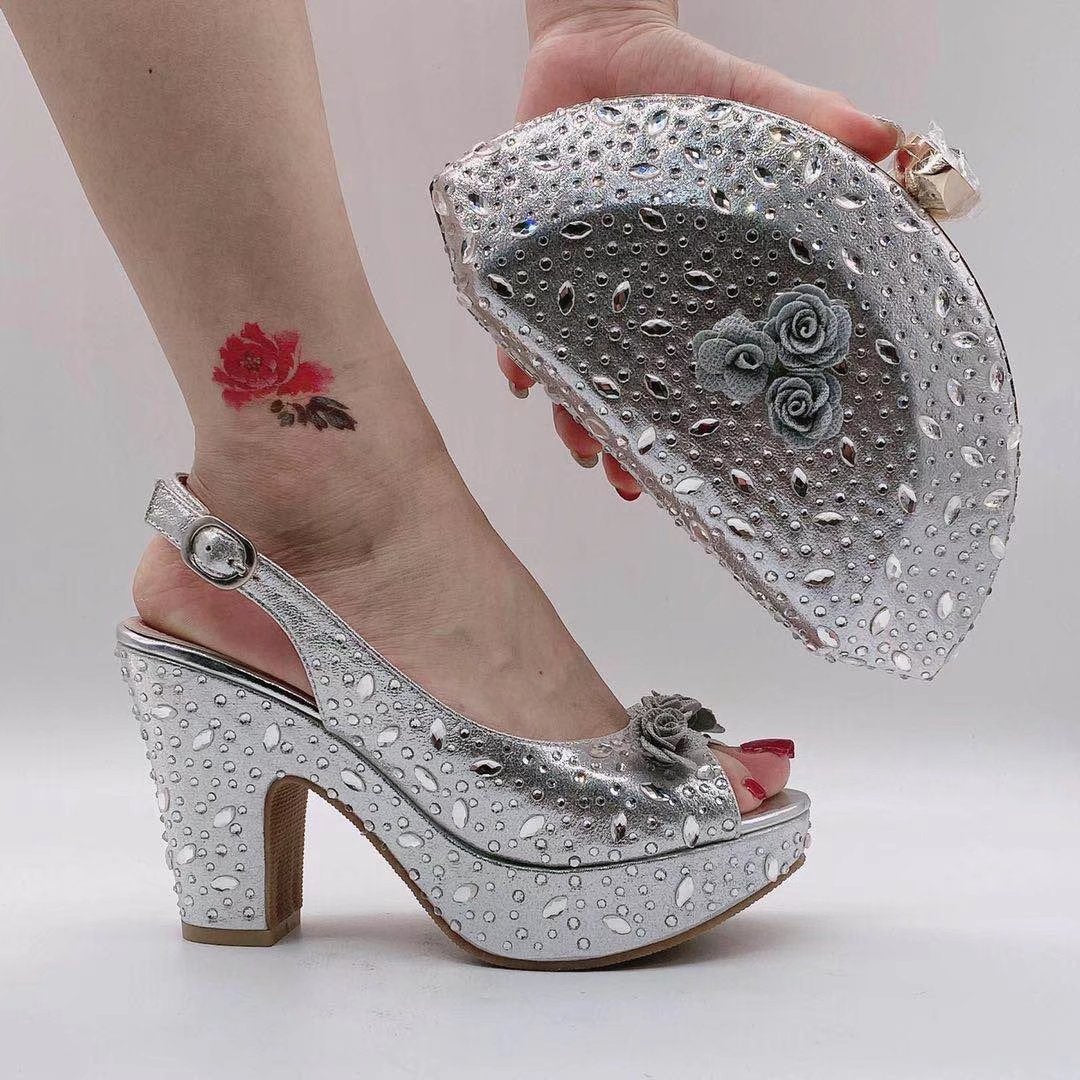 Fan-Shaped Clutch Bag Thick-Soled High Heels Shoes Set,Rhinestones Women,Beautiful Party Shoe Rhinestone Women’s WL 21403