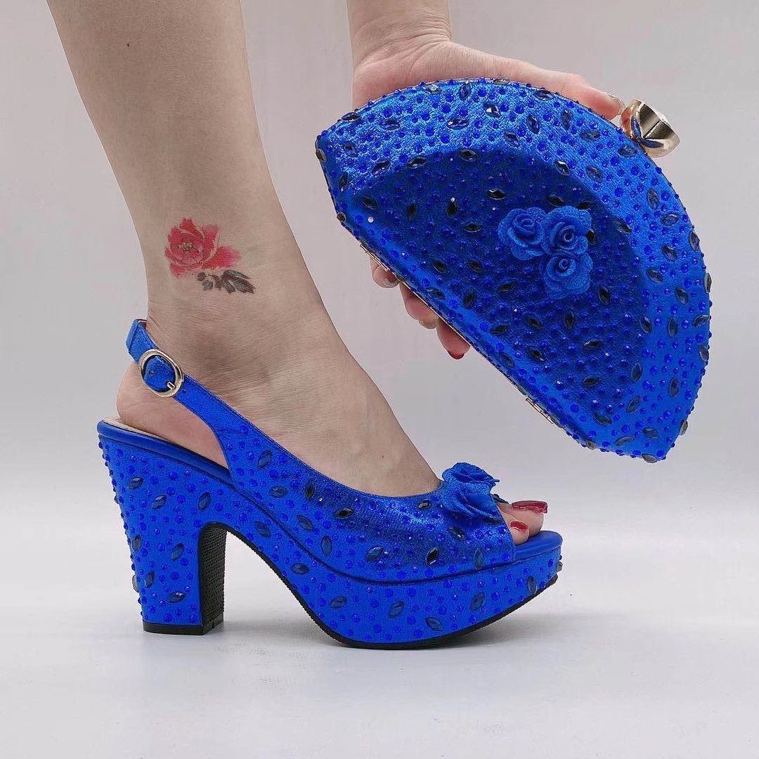 Fan-Shaped Clutch Bag Thick-Soled High Heels Shoes Set,Rhinestones Women,Beautiful Party Shoe Rhinestone Women’s WL 21403