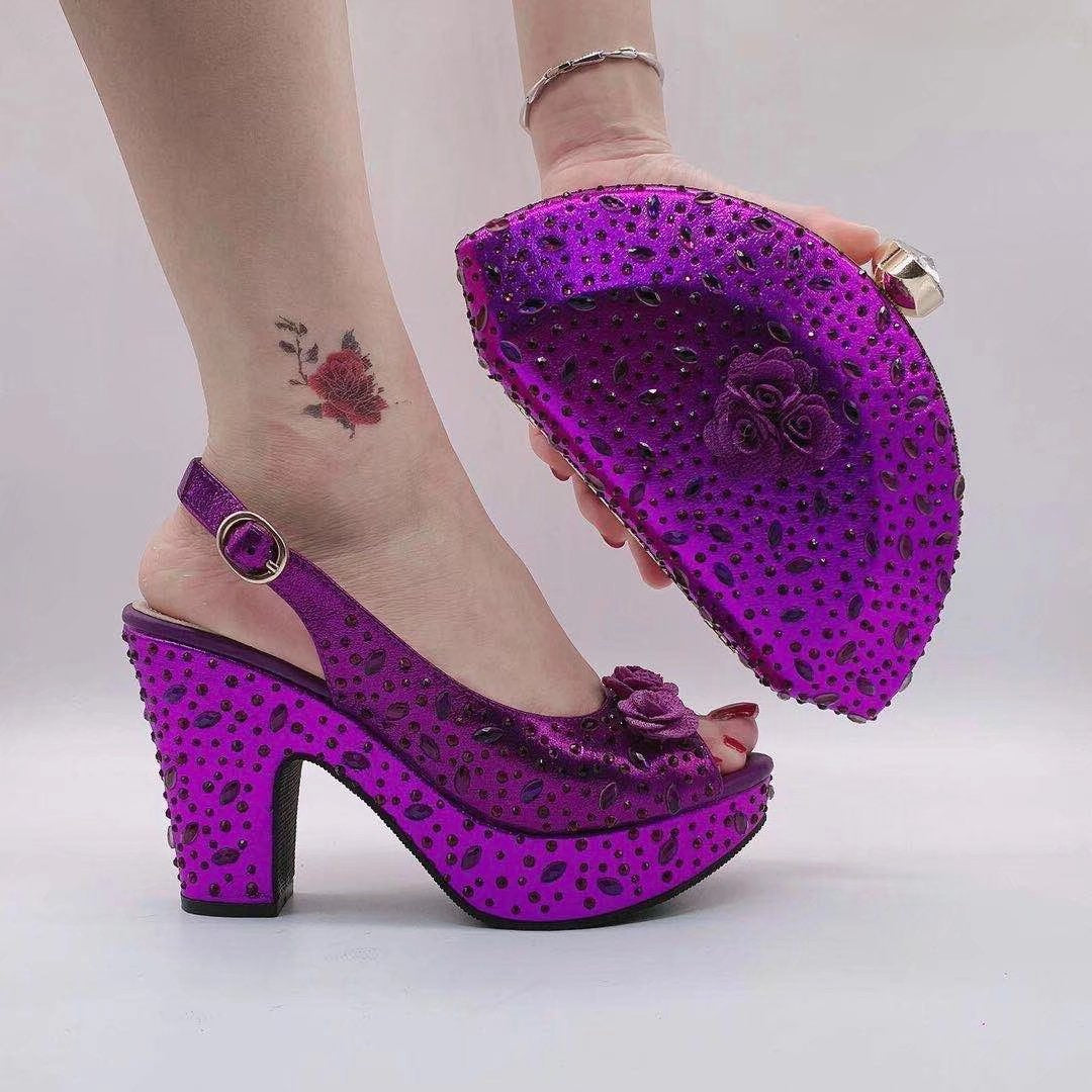 Fan-Shaped Clutch Bag Thick-Soled High Heels Shoes Set,Rhinestones Women,Beautiful Party Shoe Rhinestone Women’s WL 21403