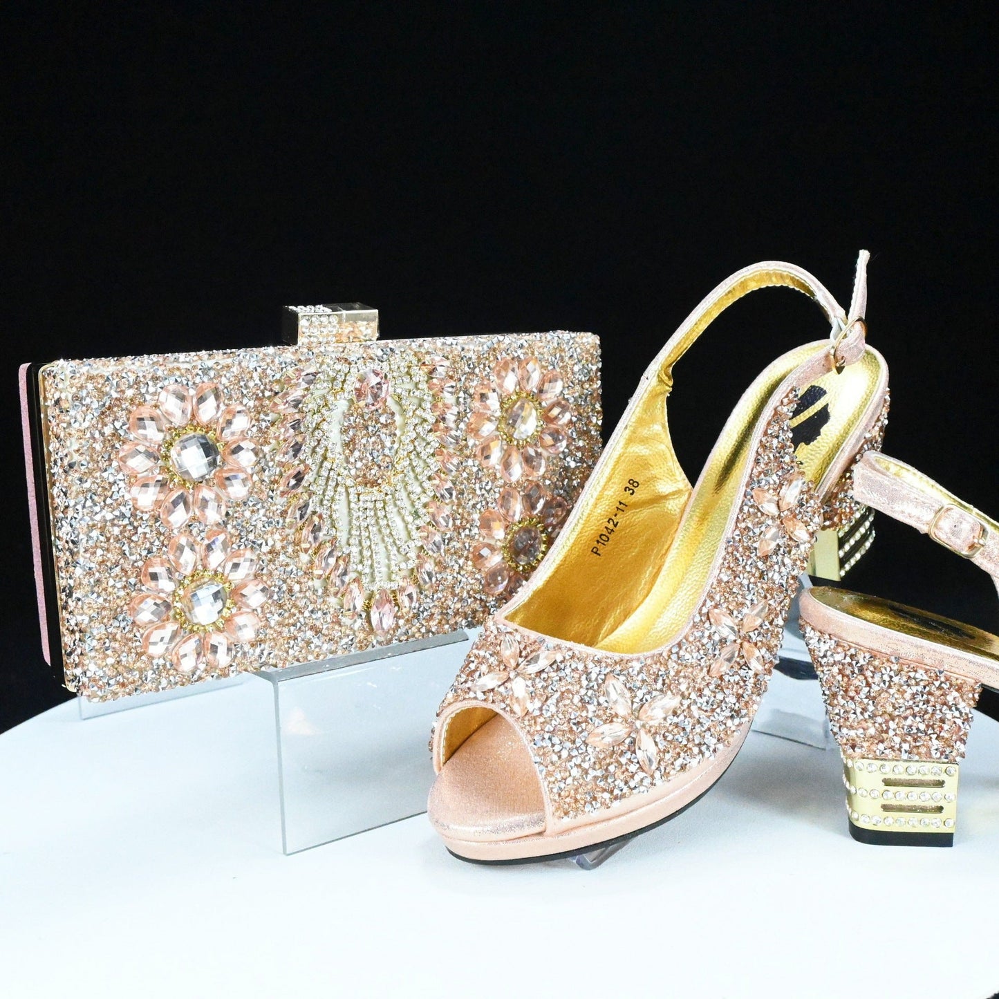 Rhinestone Chunky High Heel Casual Sandals With Clutch Bag,With RHhinestone,Diamond Evening Wedding