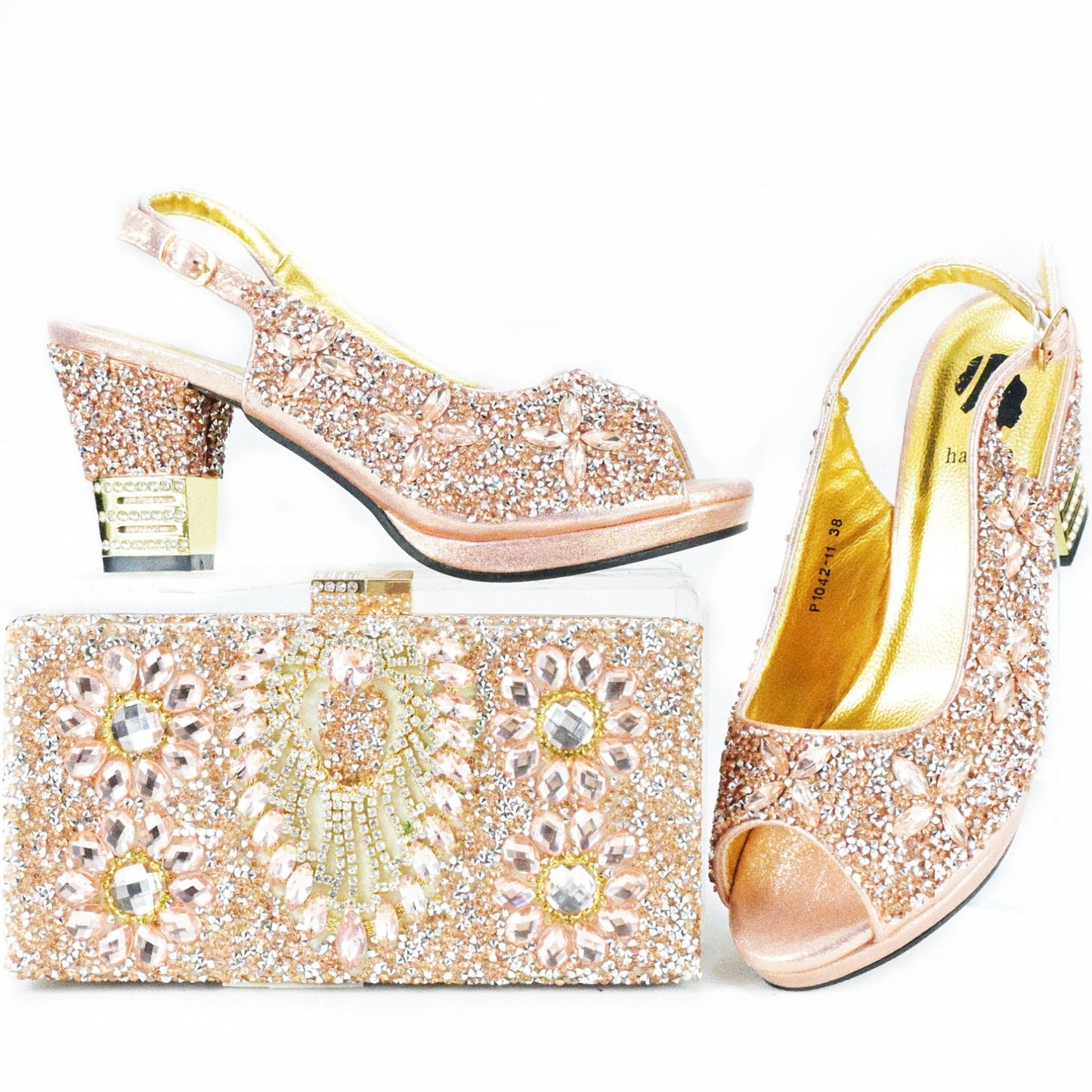 Rhinestone Chunky High Heel Casual Sandals With Clutch Bag,With RHhinestone,Diamond Evening Wedding