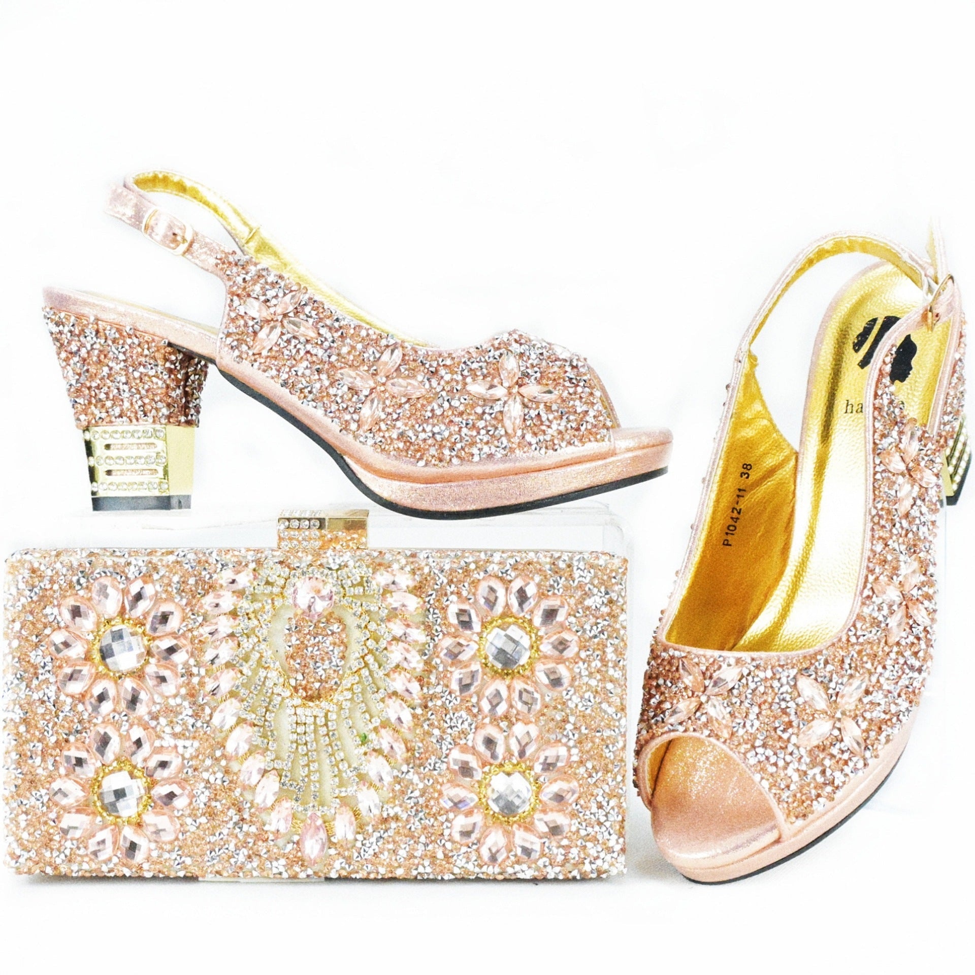 Rhinestone Chunky High Heel Casual Sandals With Clutch Bag,With RHhinestone,Diamond Evening Wedding