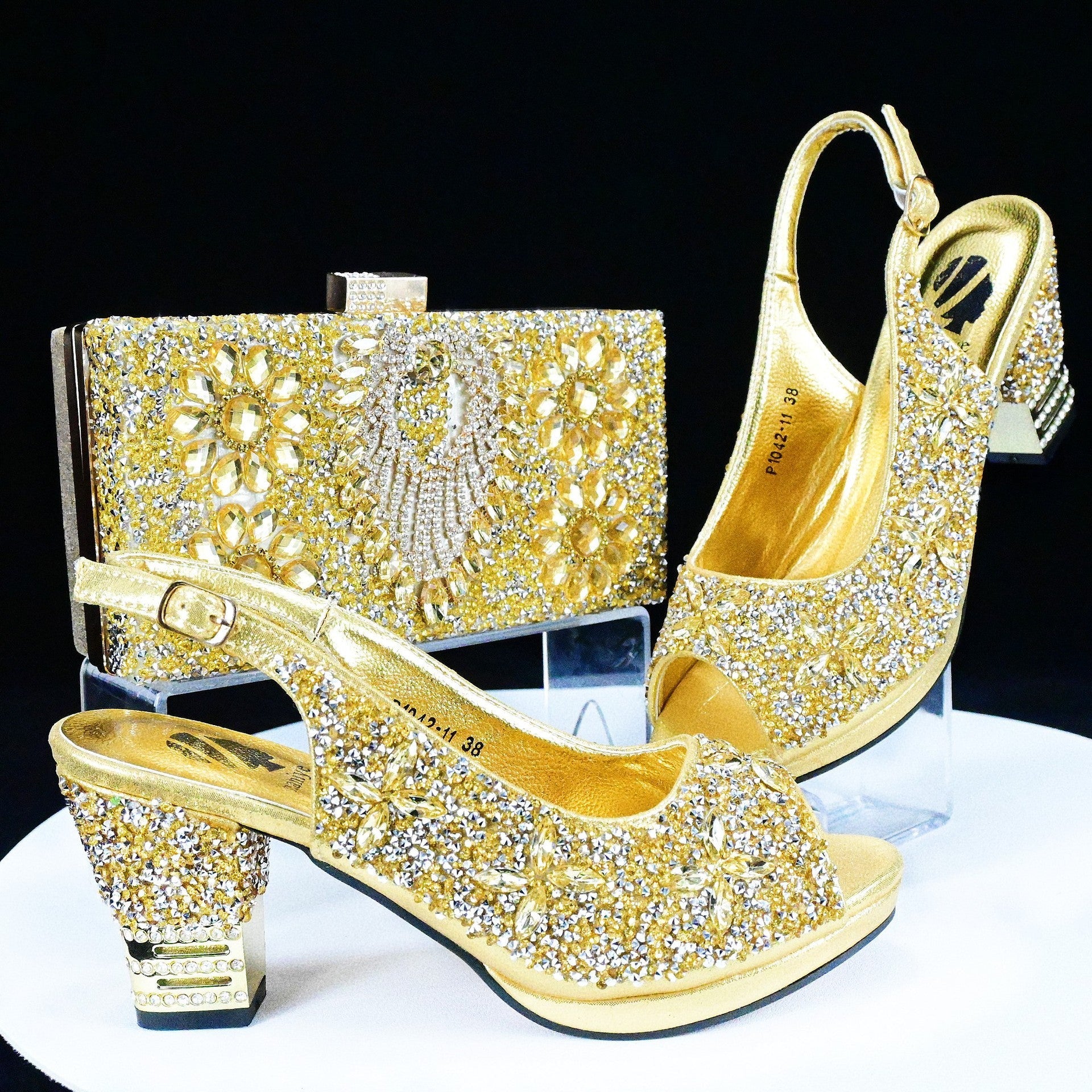 Rhinestone Chunky High Heel Casual Sandals With Clutch Bag,With RHhinestone,Diamond Evening Wedding