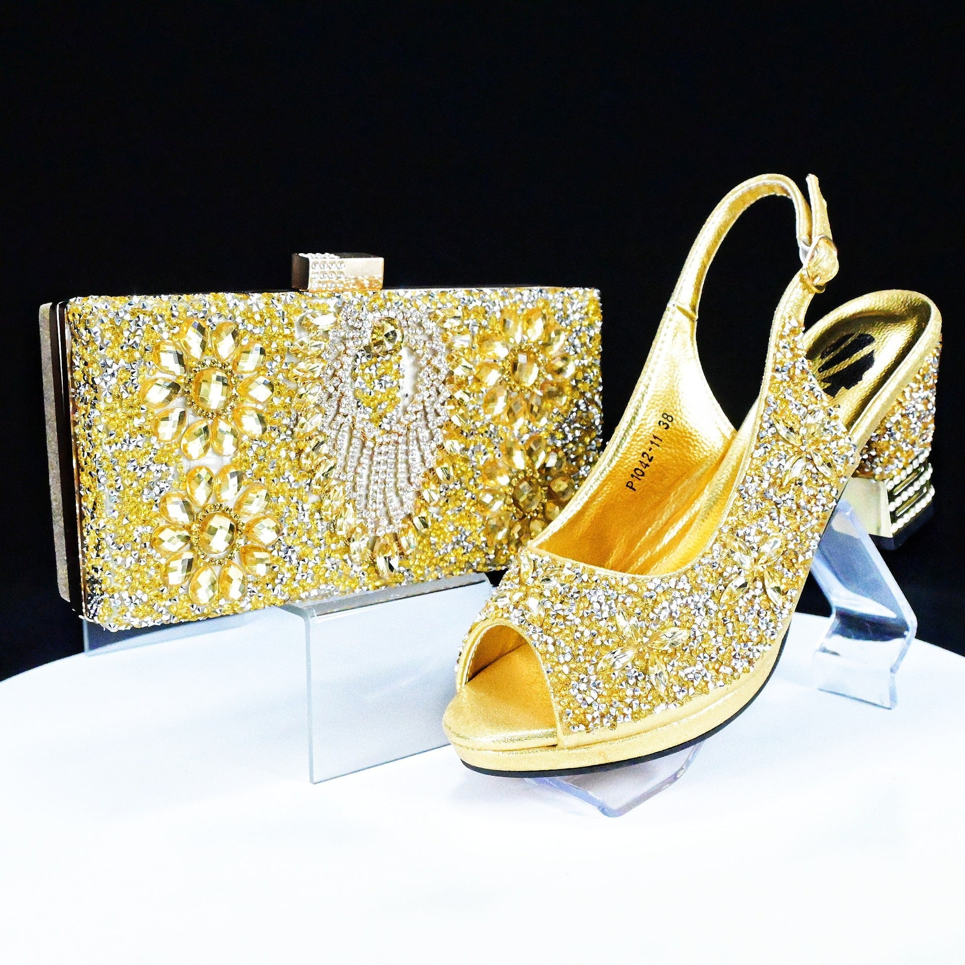 Rhinestone Chunky High Heel Casual Sandals With Clutch Bag,With RHhinestone,Diamond Evening Wedding