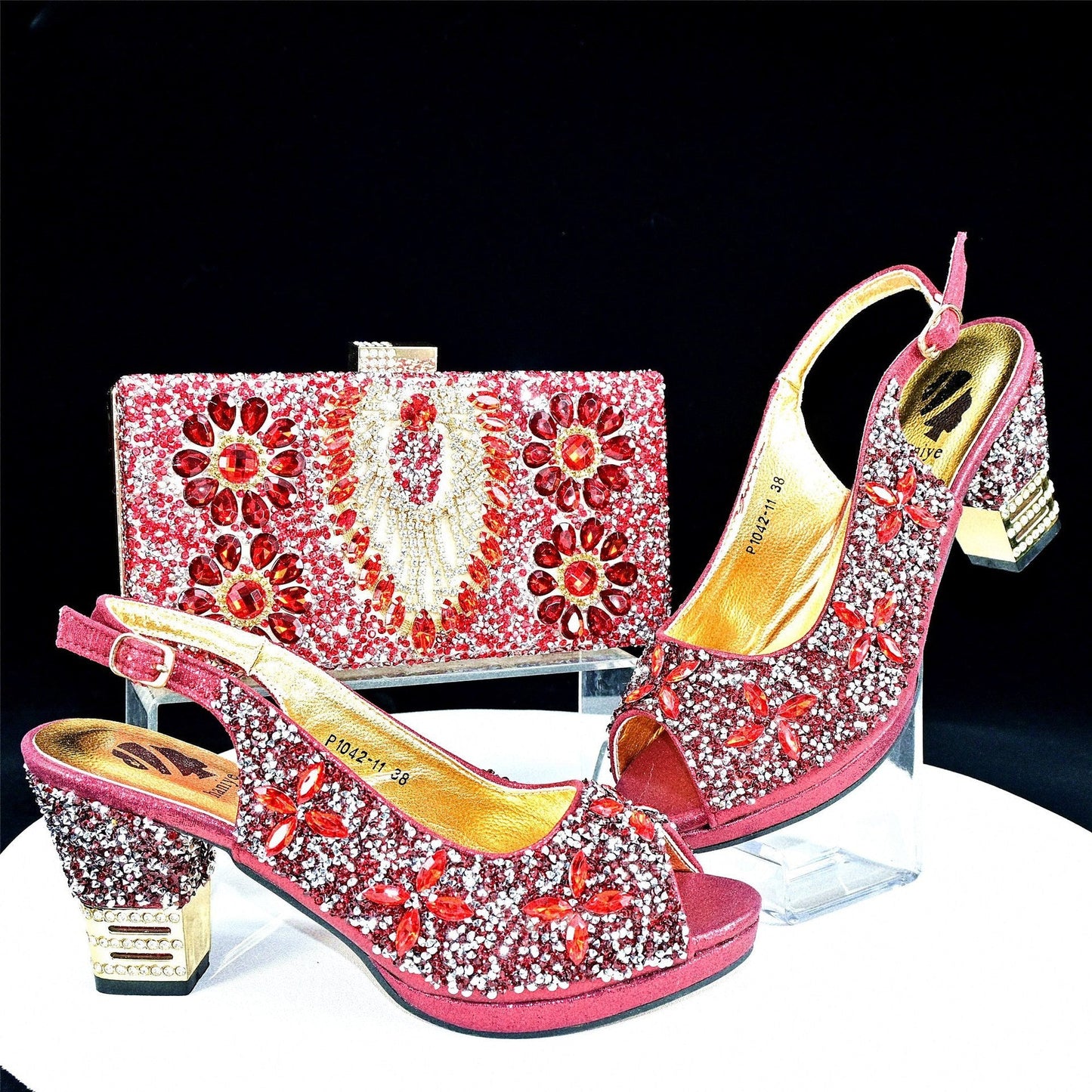 Rhinestone Chunky High Heel Casual Sandals With Clutch Bag,With RHhinestone,Diamond Evening Wedding